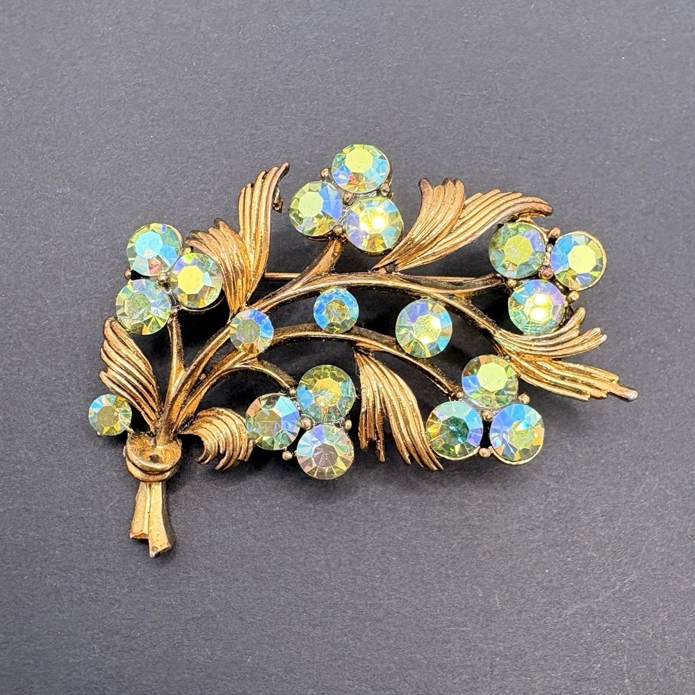 Vintage Lisner Floral Branch AB Aurora Borealis Crystal Gold‎ Tone Brooch 2"